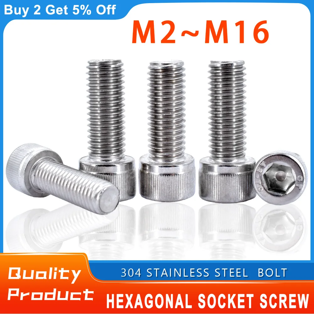 304 Stainless Steel Hex Socket Screw M2 M2.5 M3 M4 M5 M6 M8 M10 M12 Metric Thread Allen Bolt Hexagon Metal Machine Screws DIN912