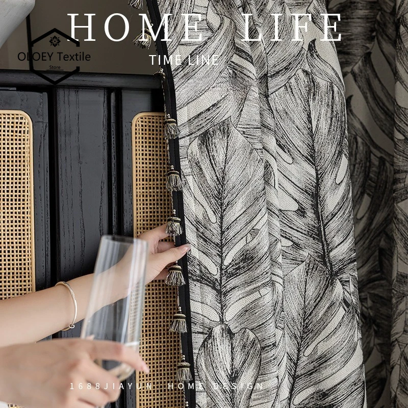 Custom Size Medieval Style Black and White Leaf Jacquard Sheer Luxury Curtains for Living Dining Room Bedroom Elegant Modern