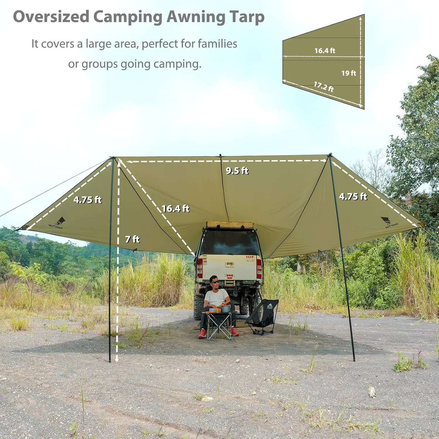 Large Car Awning Tarp for Camping, SUV Tailgate Canopy Sun Shade Waterproof Outdoor Rear Vehicle Shelter for Van, MPV, Campers