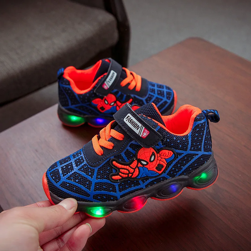 New Spiderman Led Mesh Sneakers Girls Boys Kids Luminous Glowing Sneakers Shoes for Boys Girls Lighted Led Baby Children Shoes