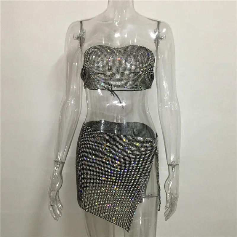 AKYZO Strapless Crop Top and Mini Skirt Set for Women Shiny Rhinestone Diamond Sexy Clubwear Festival Rave Party Matching Outfit