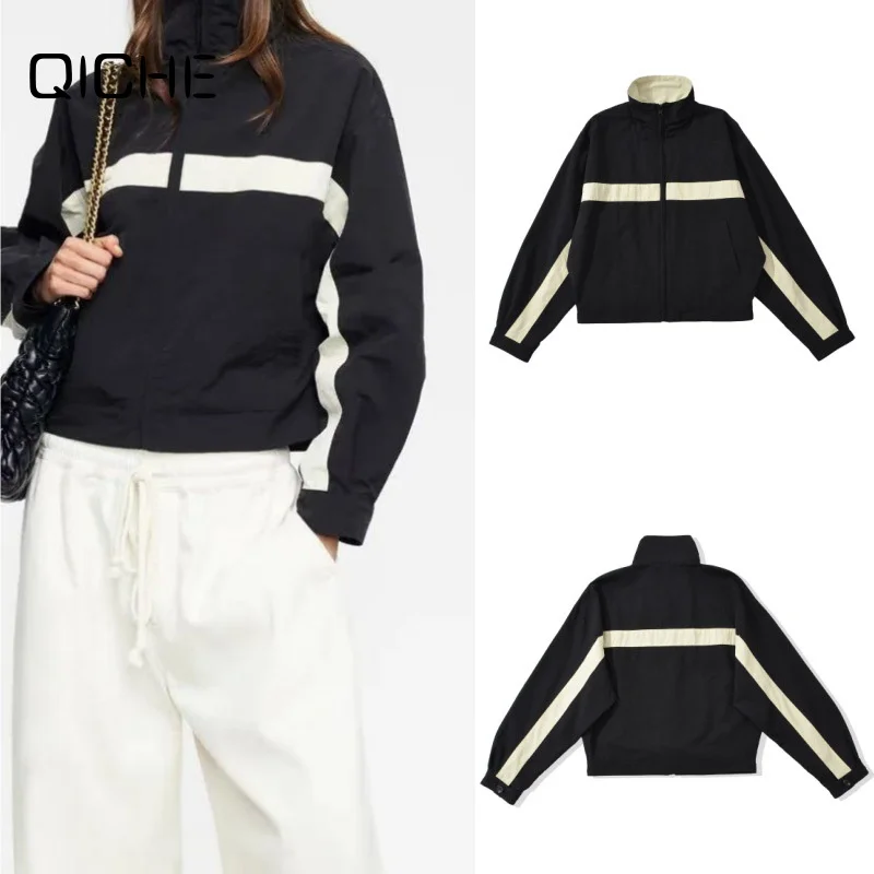 QICHE New Women Casual Outerwear American‑Retro Designer‑Vibe Color‑Block Stand‑Collar Versatile Loose Long‑Sleeve Jacket Coat