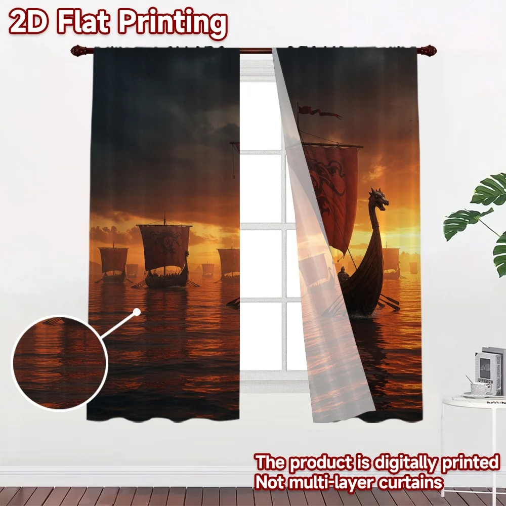 2D flat 2pcs Curtain Country Style Viking Ships at Sunset Durable polyester fiber Festive Curtains Perfect for New Year and