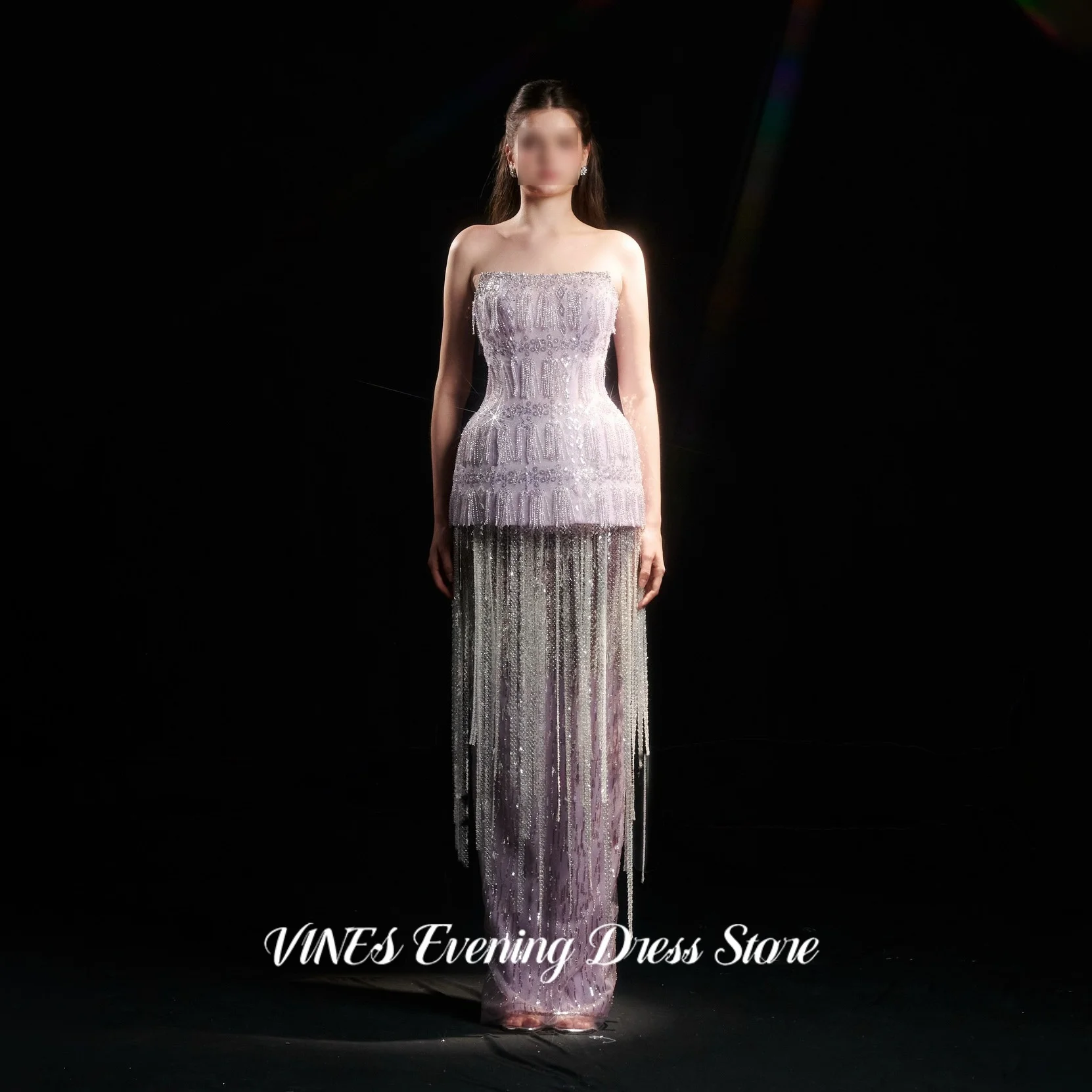 VINES Lilac Strapless Mermaid Prom Dress Rhinestone Beaded Luxury Evening Dress Elegant Long Tassel Fringe Party Gown Customized