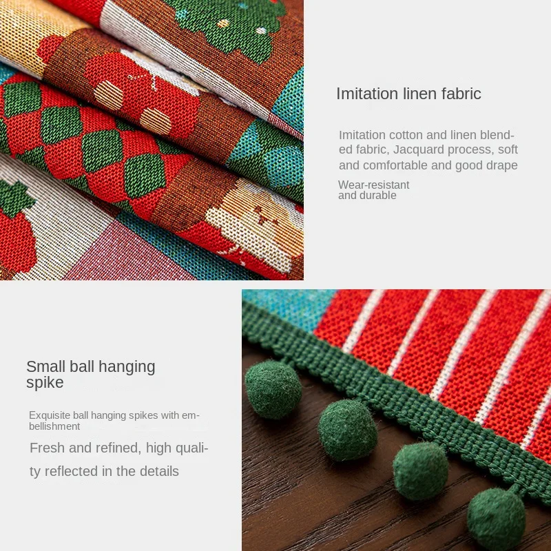 Christmas Green Tassel Table Runner Santa Claus Printed Table Runners Home Mantle Decoration Fabric Holiday Party Decor Props