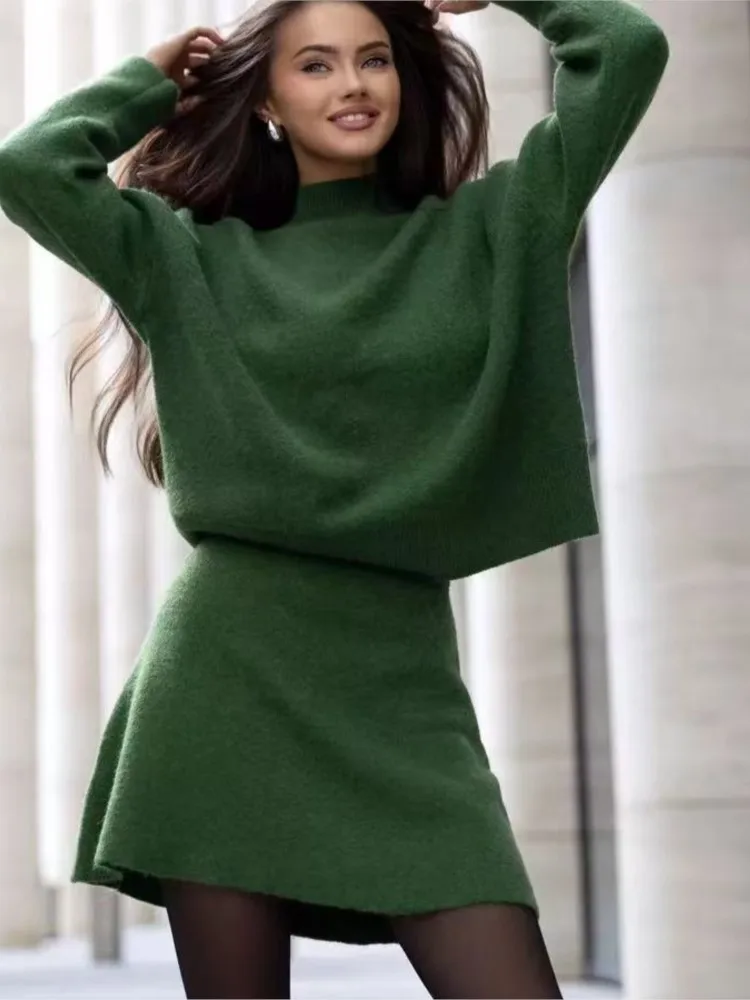

Loose 2 Pieces Set For Woman Package Hip Two Piece Outfits Mini Skirt Solid Color Sweater Knitted Half-high Collar Long Sleeves