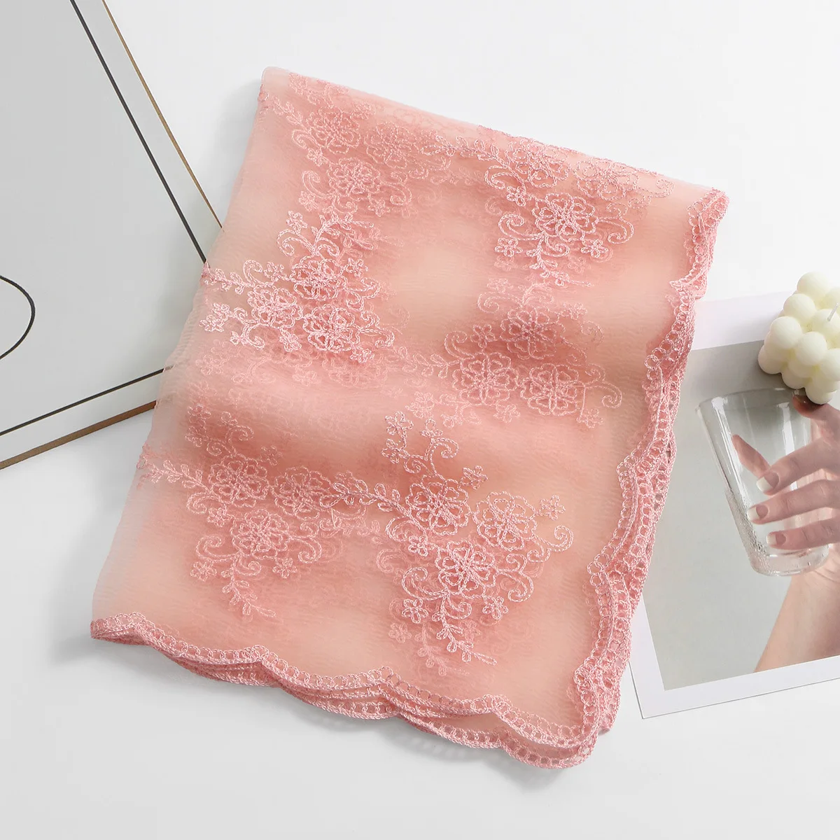 

Spring New Dubai Ladies Wavy Edge Embroidered Nylon Long Scarf Shawl, Solid Color Women's Fashion Versatile Headscarf