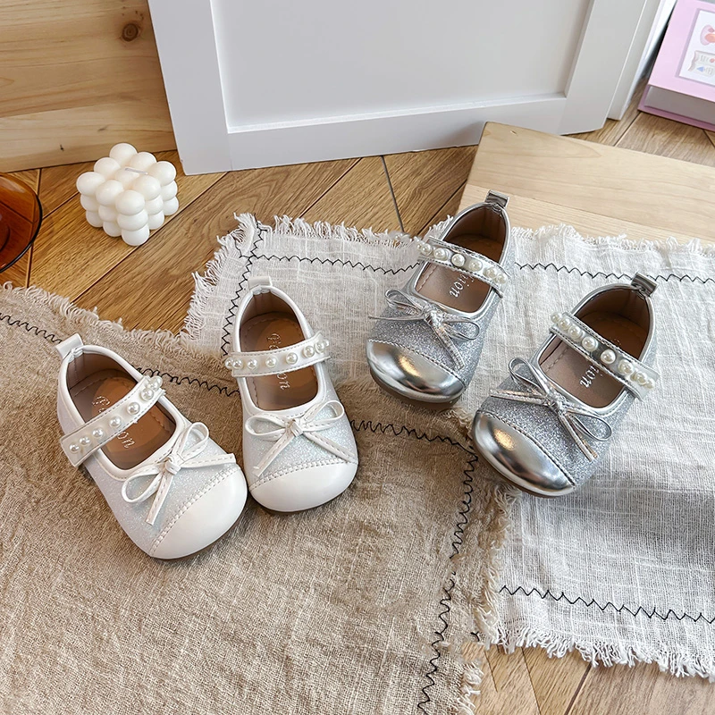 Autumn Girl's Princess Shoes Pearl Bowknot Bling Sweet Kid's Flat Shoe Solid Colors Anti-slip Daily Charming Children Shoes