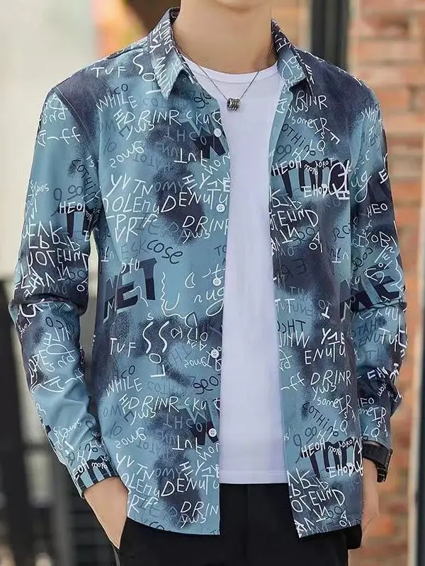 

Autumn Long Sve Men's irt Loose Fit Anti-Wrinkle Print Polyester Fiber Youth Trend Casual Outerwear Garment