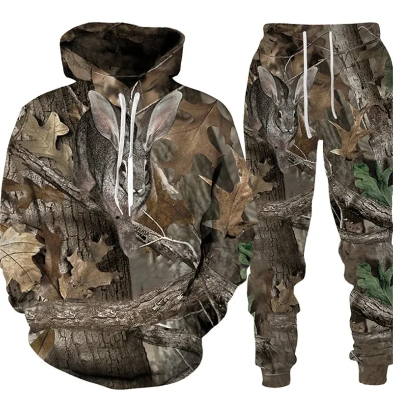 Hot Sale Camouflage Wild Boar Hunting Men\'s Hoodies Pants Set 3D Printed Animal Series Sportswear   Piece Outdoor Sports Suit