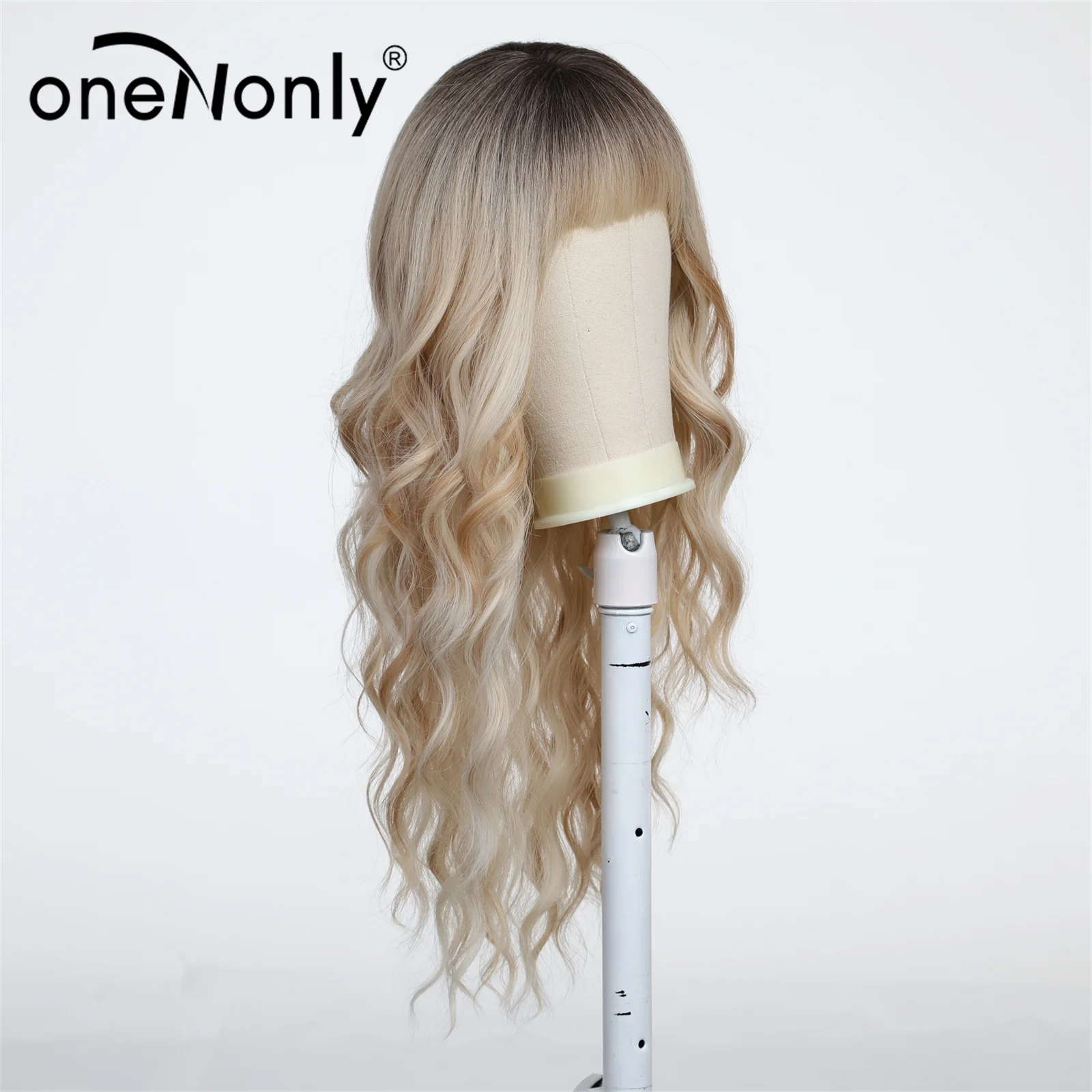 OneNonly Ombre Blonde Synthetic Wigs for Women Long Wavy Wigs with Bangs Daily Cosplay Party Use Heat Resistant Fiber