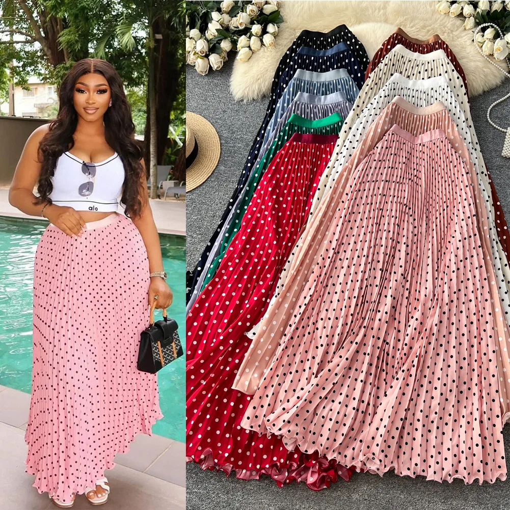 

Женская плиссированная юбка в горошек, длиной до щиколотки, с завышенной талией, эластичная, слегка эластичная, свободного кроя, повседневная, элегантная, лето 2026