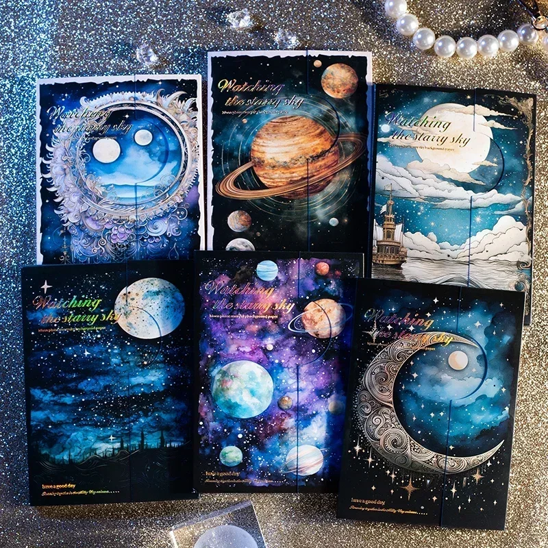 30Pieces Material Paper Starry Sky Moon Phase Background Handwriting Primer Arts Notebooks Scrapbook cut 172*117MM