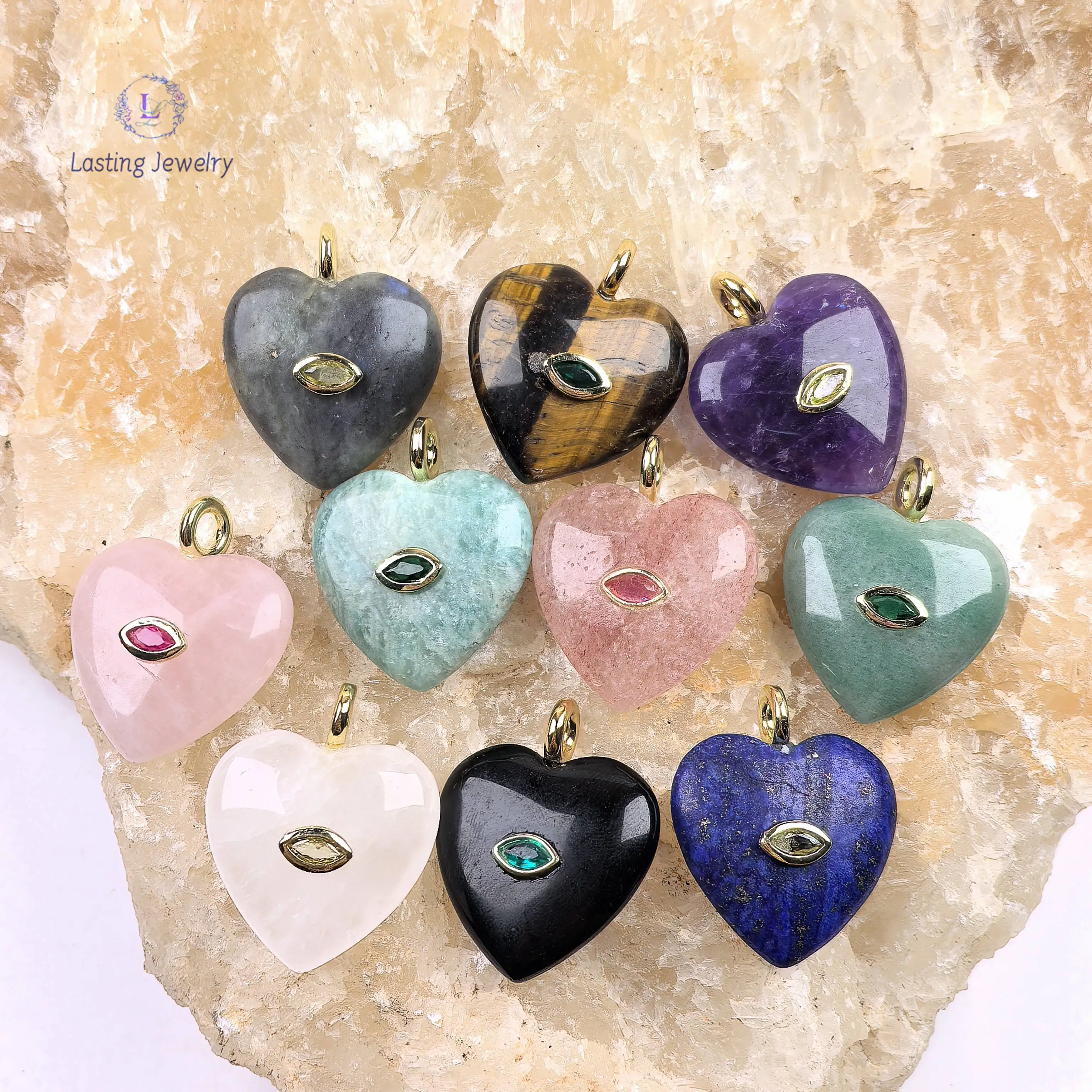 Reiki Crystal 25mm Heart Pendants With Inlaid Horse Eye Shape Zircon Gemstone Charms Amethyst Quartz For Necklace Jewelry Making