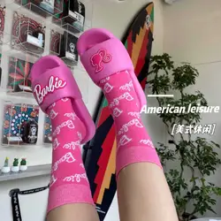 Miniso Kawaii Cartoon Anime Cute Black and White Full Printed Barbie Pink Letter Socks Sports Mid-calf Socks Cotton