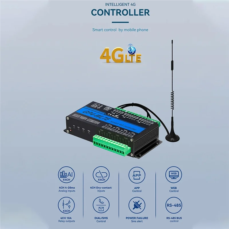 

APPLIA-GP4-WLTE Smart 4G Global GSM SMS APP Контроллер RS485 WEB Control 4 CH 4-20Ma Аналоговые входы 10A Релейные выходы