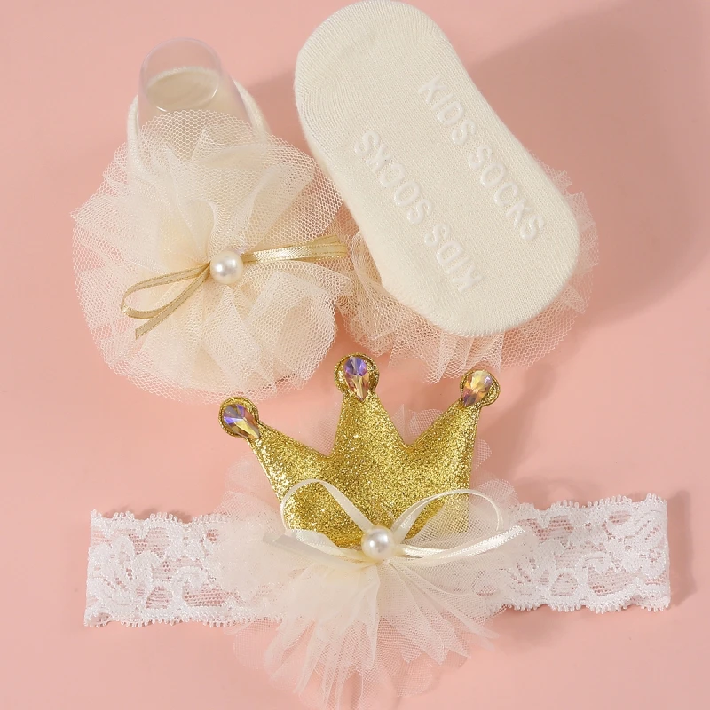 Baby Girls Headband Socks Set Lovely Pearl Bows Non Slip Cotton Sock Lace Flower Newborn Hair Band Turban Girl Hair Accessories image 4