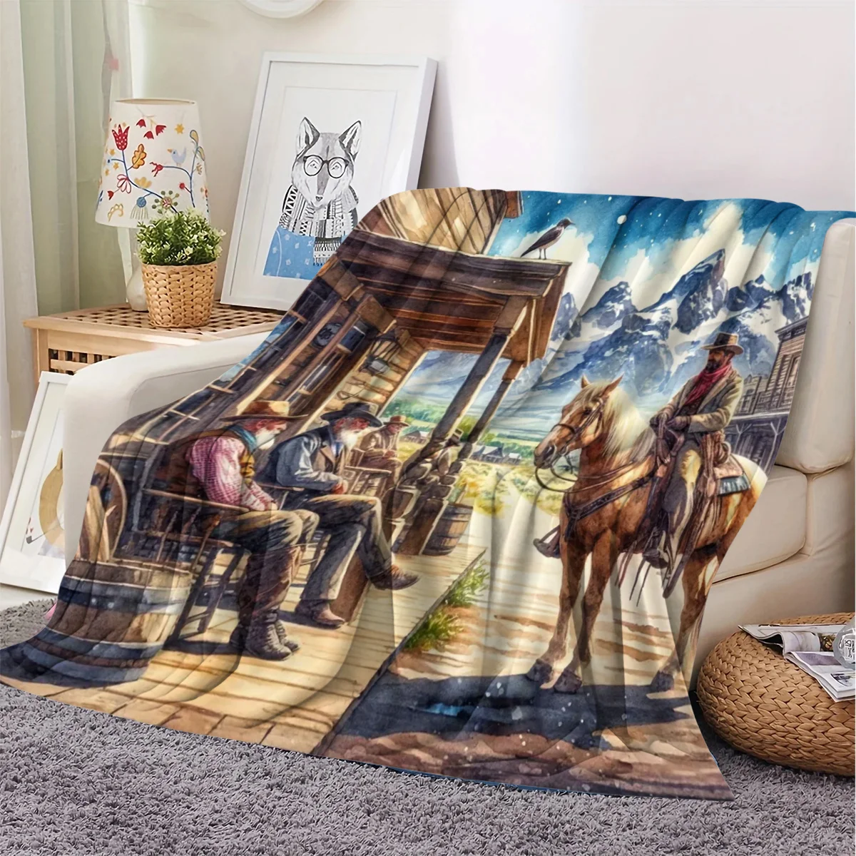 A Soft And Warm Flannel Throw Blanket with a Western Cowboy Pattern, Perfect for Use on The Sofa, for Home Relaxation, As an Air