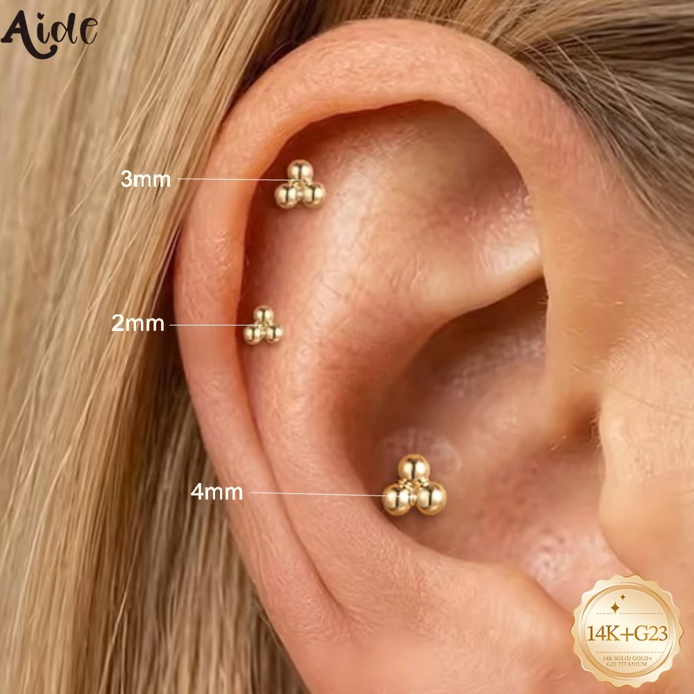 Aide Real 14K Gold 2mm 3mm 4mm Small Bead Stud Earrings For Women Jewelry Flat Back Inner spiral Ear Hole Minimalist Accessories