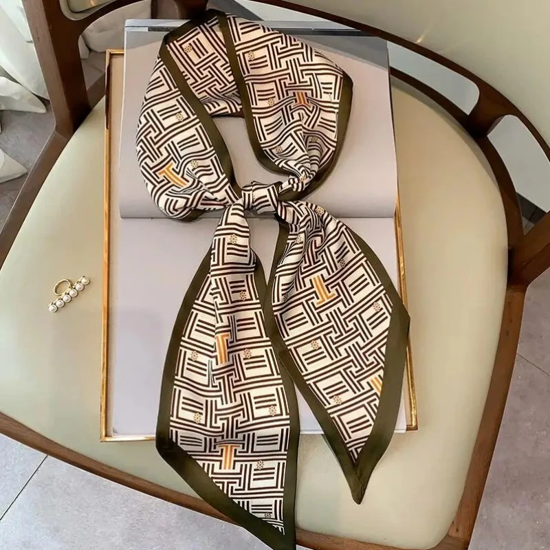 Luxury Geometry Skinny Silk Scarfs Women Foulard Neckerchief Lady Bag Ribbons Office Soft Satin Neck Tie Female Hairband Gift