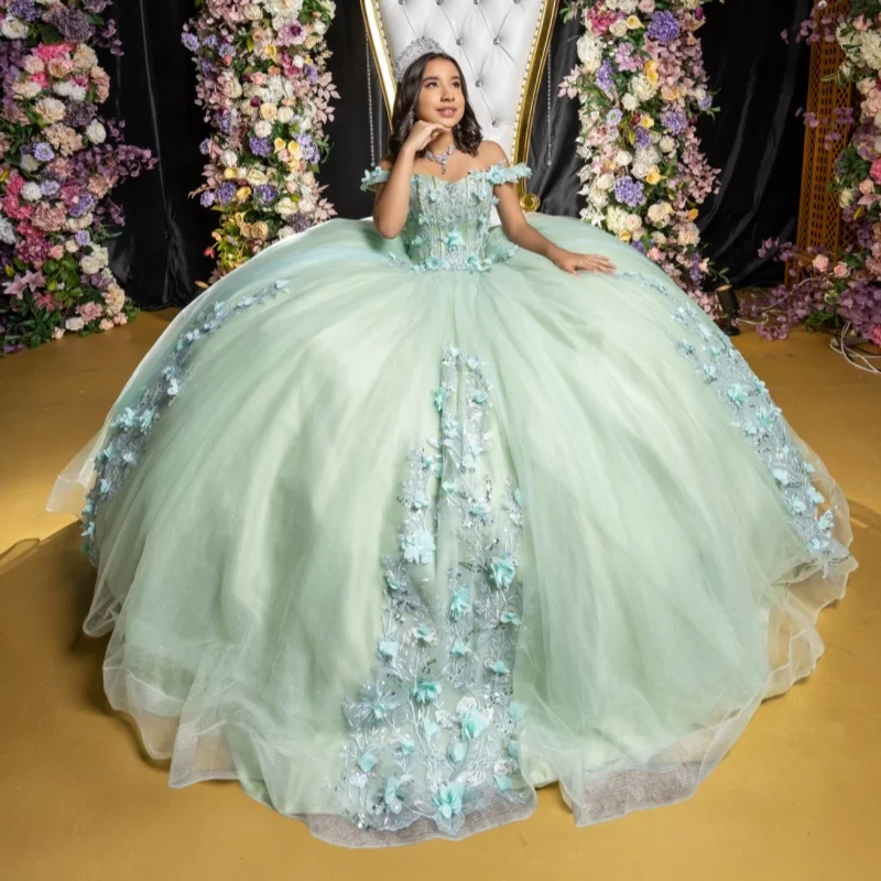 

Light Green Shiny Ball Gown Quinceanera Dresses Sequin Applique Flower Beading Crystal With Cape Tull Corset Off Shoulder Sweet