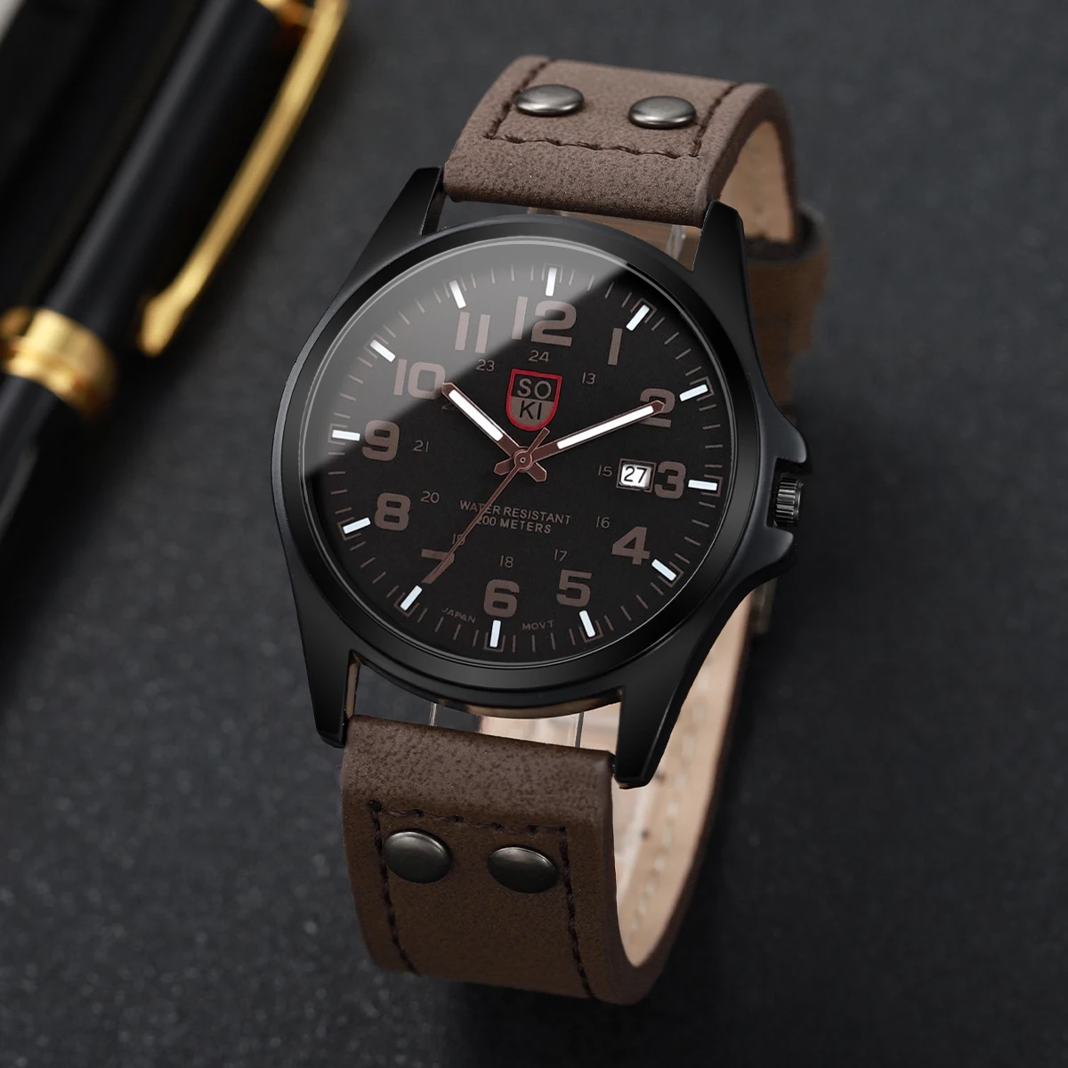 Fashion Arabic Dial Men Quartz Watch Casual Leather Strap Men's Calendar Sports Watches image 4