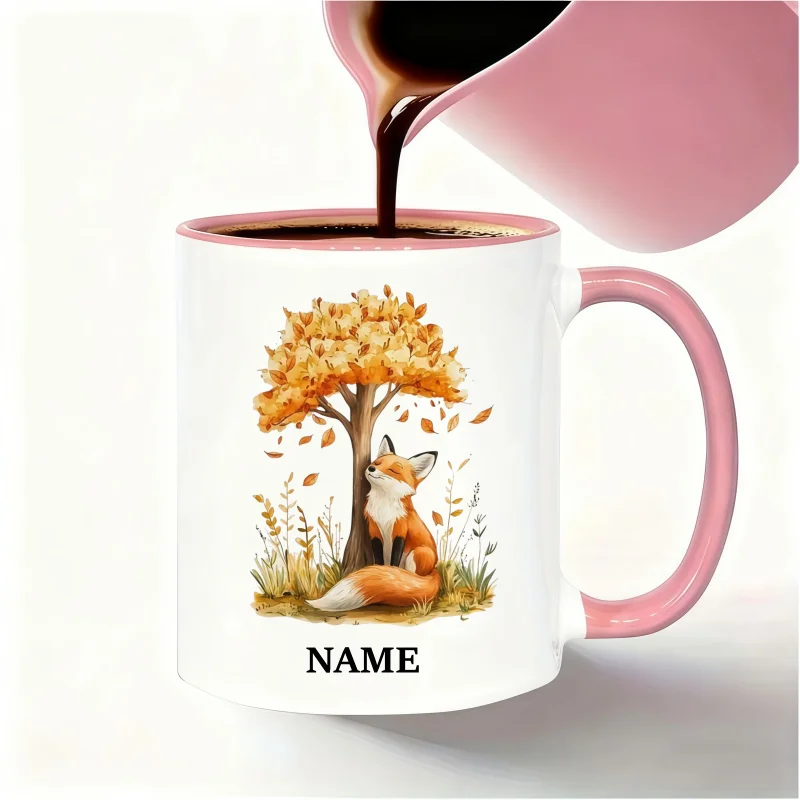 Customizable Name Mug – “Autumn Tree Under Fox” Design, Dishwasher Safe, Perfect Birthday and Holiday Gift, Unique Coffee Cup