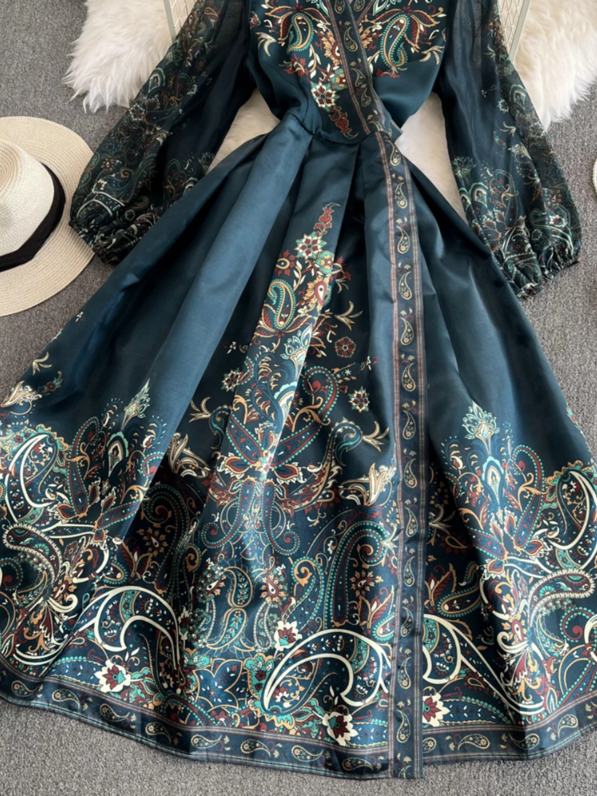 Ele Vintage Court Sle Bubble Sve V-Ne Waist Cinched A-Line Printed Dr Long Skirt Korean Sle Commute