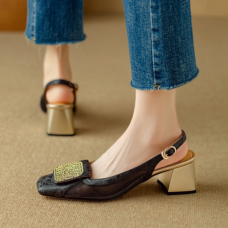 Women's New Summer Square Head Genuine Leather Cowhide Breathable Mesh Metal Jewelry High Heel Large Headed Muller Sandals
