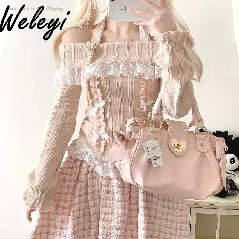 

Kawaii Off Shoulder Neck Love Buckle Knitwear Autumn 2024 Winter New Lolita Sweet Knitted Sweaters Halter Long Sleeve Knit Top