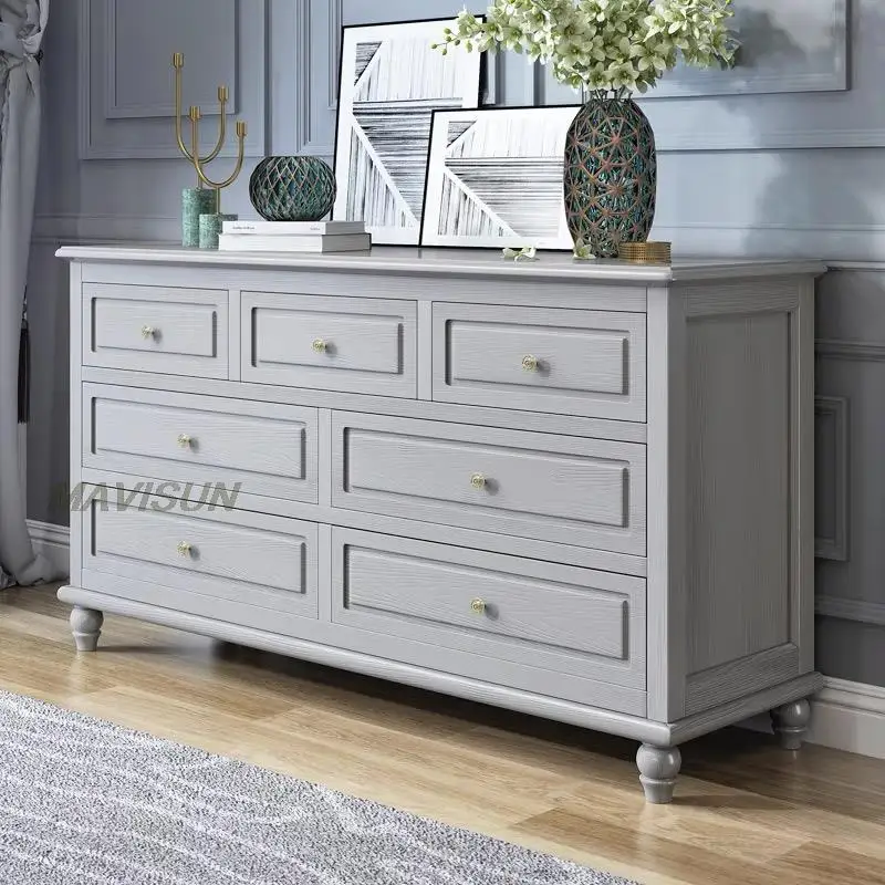 Simple High-grade Gray Solid Wood American Seven Drawer Cabinet Modern Living Room Dining Sideboard Storage Corridor Porch