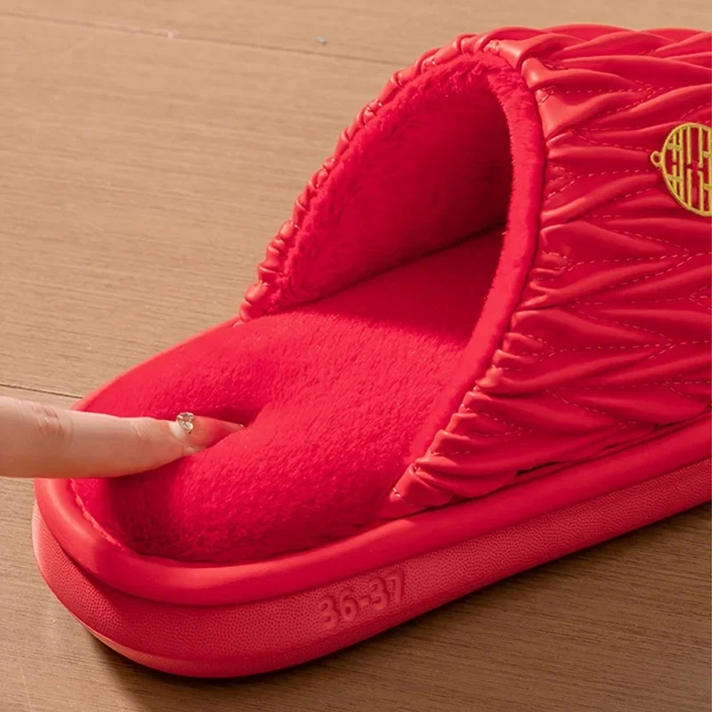 ZUOFU Unisex Red Wedding Couple Plush Cotton Slippers, Autumn Winter Warm Soft Sole Non Slip Indoor Home Closed Toe Shoes - view 6