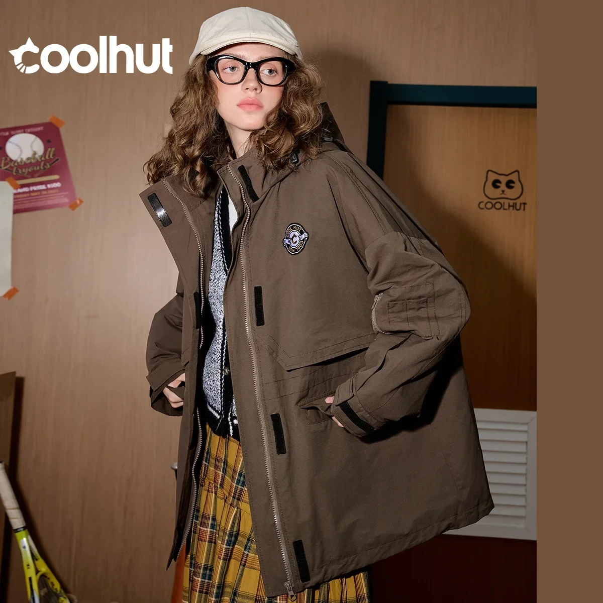 

COOLHUT Vintage American Women's Long Hooded Utility Trench Coat Spring Embroidered Loose Casual Outerwear Streetwear Jacket