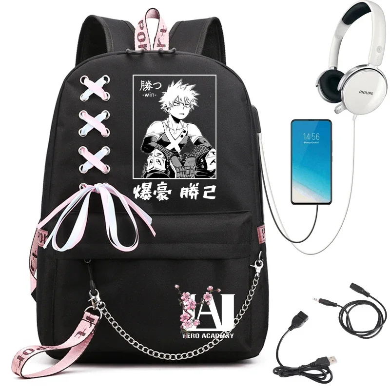 My Hero Academia Anime Women's Backpack Usb Port Ladies Travel Backpack Shoulder Bag Katsuki Bakugo Anime Trend Laptop Backpack