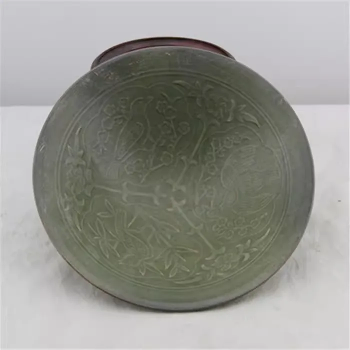 7.5 inch Chinese Song Yaozhou Kiln Celadon Glaze Porcelain Carved Flowers Bowl