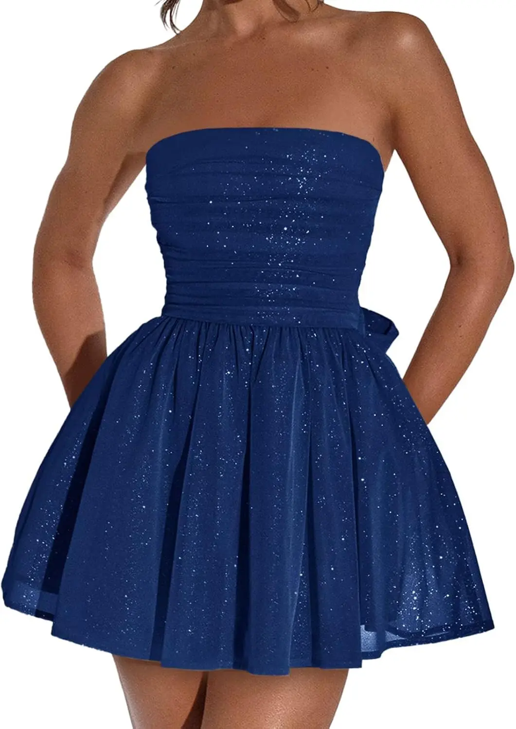 

Strapless Short Homecoming Dresses for Teens Sparkly Tulle Mini Prom Cocktail Party Gowns with Bow Above Knee , Mini