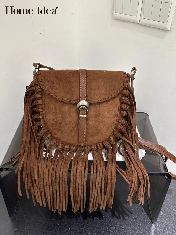 

Autumn Vintage Women Tassels Saddle Bag Flap Spliced Suede Leather Shoulder Bag Retro Style Casual Ladies Strap Crossbody Bags
