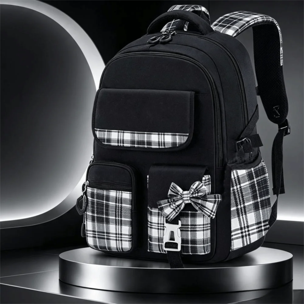 Cute Large Capacity School Backpack Plaid Bow Student Backpack Multiple Pockets Ergonomic Backpack Back To School