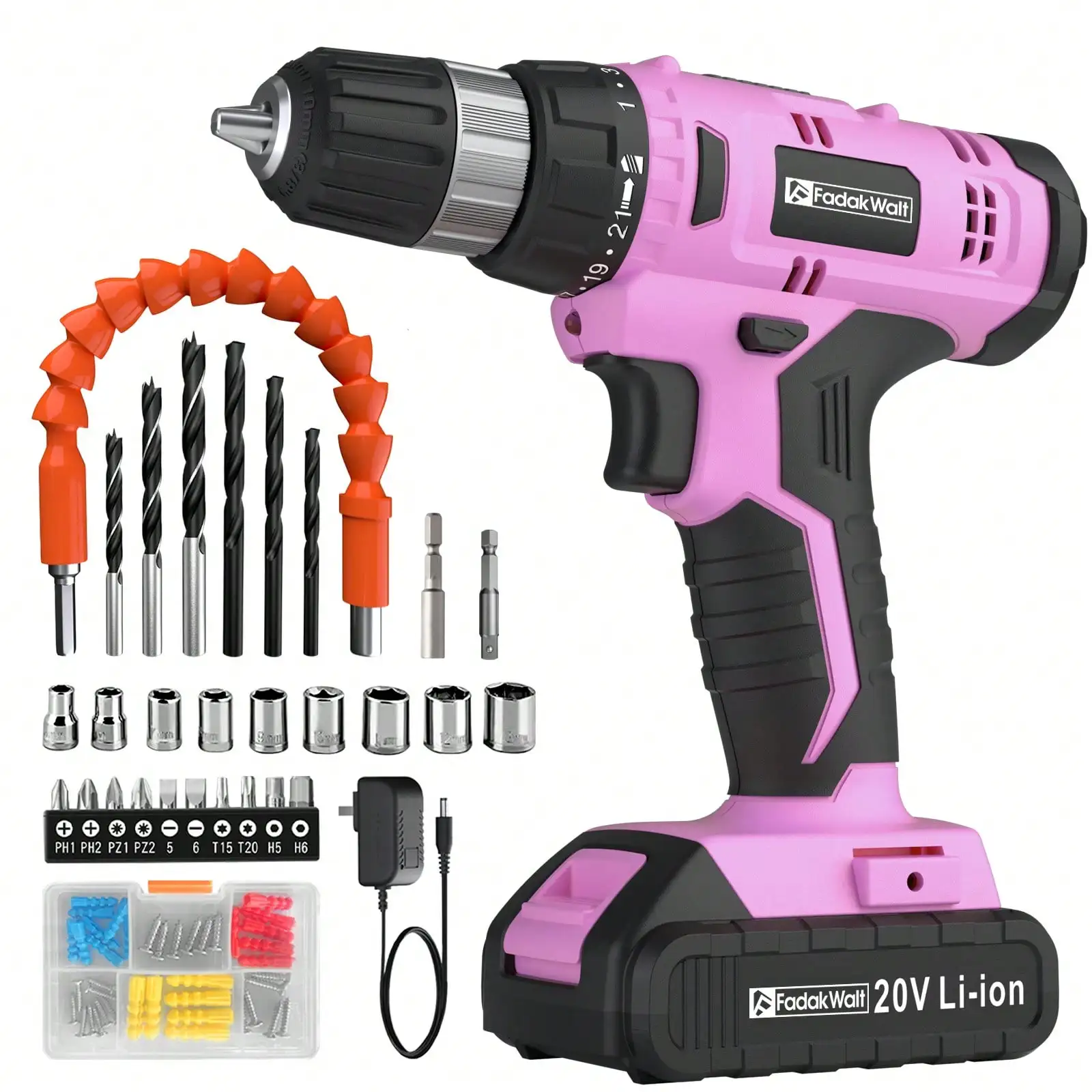 

Милый беспроводной набор дрелей для женщин с LED-подсветкой, крутящим моментом 30 Н·м, 21+1 настройкой, быстрозажимным патроном 3/8 дюйма, включает сверла, аккумулятор и зарядное устройство.