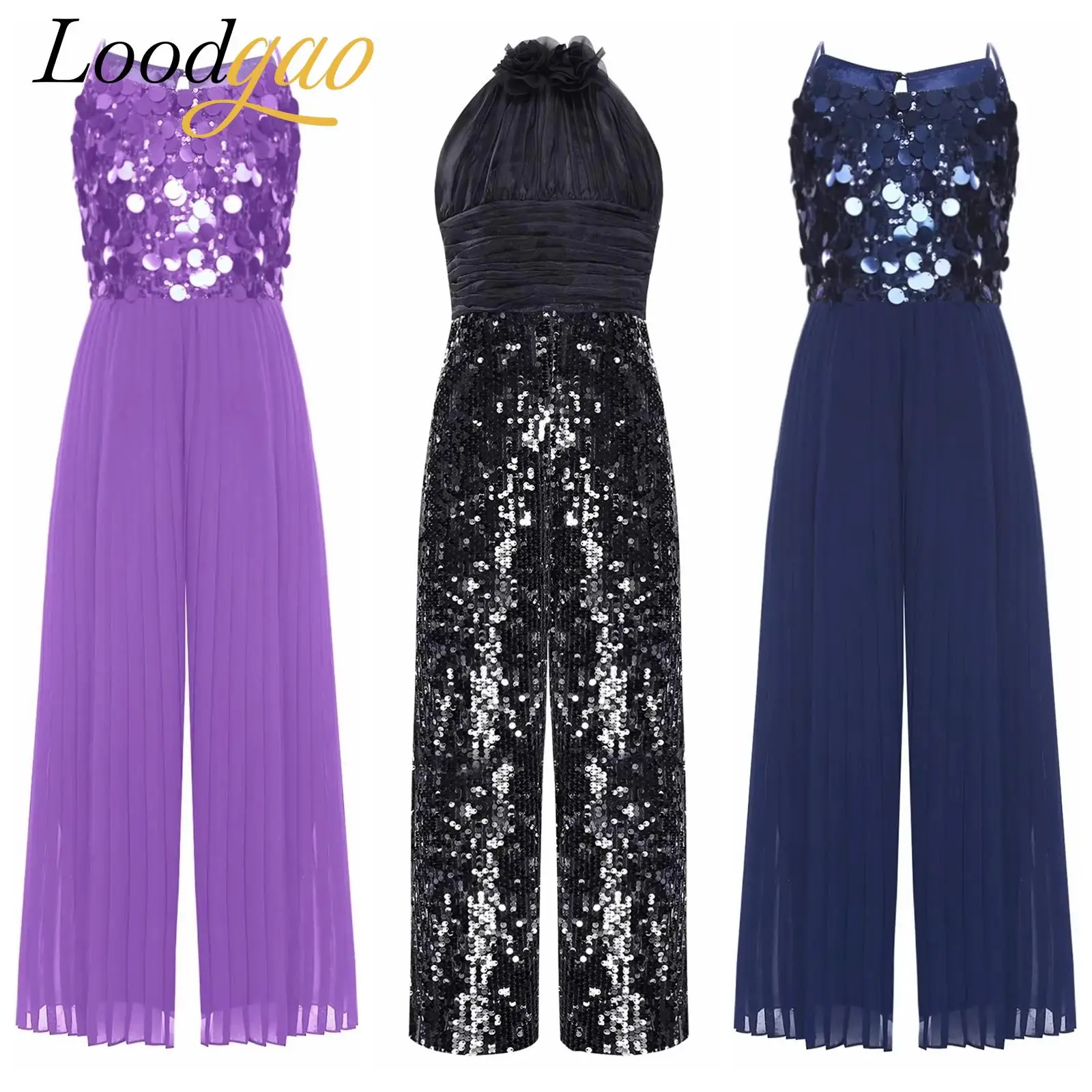 

Kids Girl Halter Jumpsuit Ball Gown 2025 Fashion Sequin Romper Long Pants Birthday Stage Performance Prom Party Festival Costume