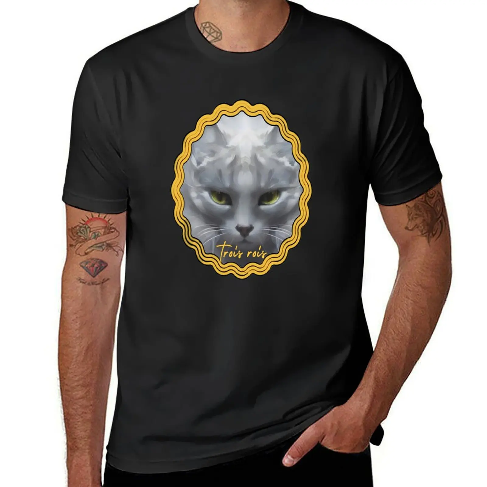 Intense look of the cat as a gold frame sticker T-Shirt customs design your own quick-drying clothes for men