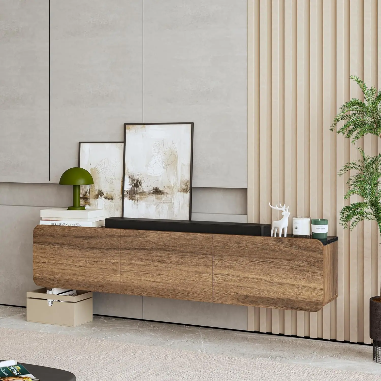 Modern Floating TV Stand Wall Mounted Media Console for 65-80 inch TVs Walnut & Black Marble, Customized