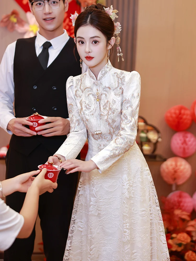 

New Chinese Sle Engagement Evening Gown Long Sve Return Home Ceremony Women's High-End Feeling Wedding Dr