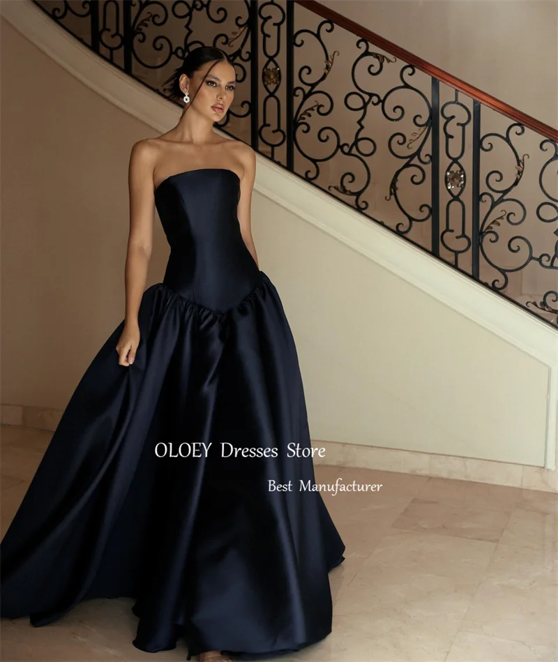 

OLOEY Simple Navy Blue Evening Dresses Arabic Women Strapless Satin Floor Length Prom Gowns Formal Party Occasion Dress 2025