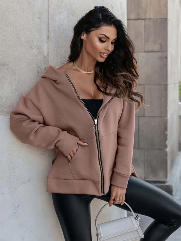 Felpa con cappuccio da donna a maniche lunghe con tasche con zip solide casual nuova autunno inverno, top capispalla larghi, felpa basic da donna