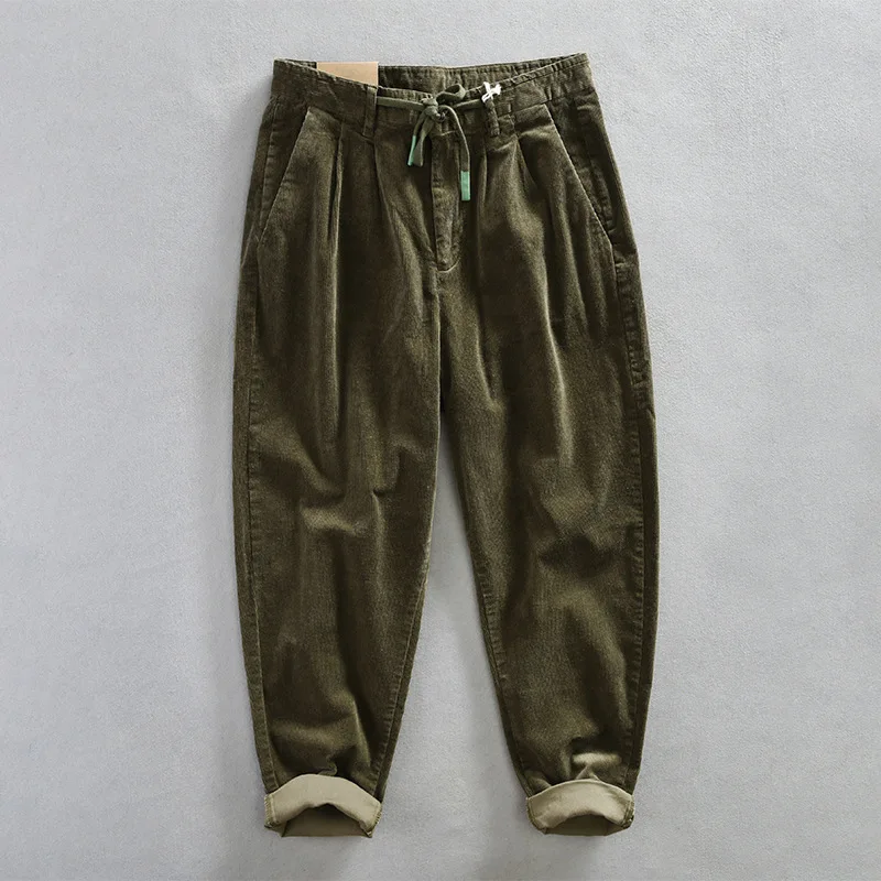 Vintage Spring Autumn Corduroy Pants for Men American Casual Amekaji Loose Straight Trousers for Youth Cityboy Male Drawstring