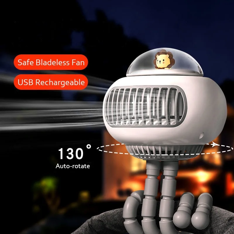 พัดลมรถเข็นเด็กทารกขนาดเล็กน่ารักพับเก็บได้เงียบเครื่องปรับอากาศ USB ชาร์จตั้งโต๊ะพัดลมแบบมือถือกลางแจ้งไร้ใบพัด