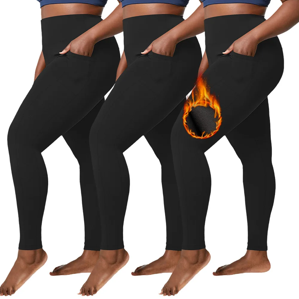 

plus Size Fleece Lined High-Waisted Thermal Yoga Pants Winter Warm Leggings with Pockets for Women