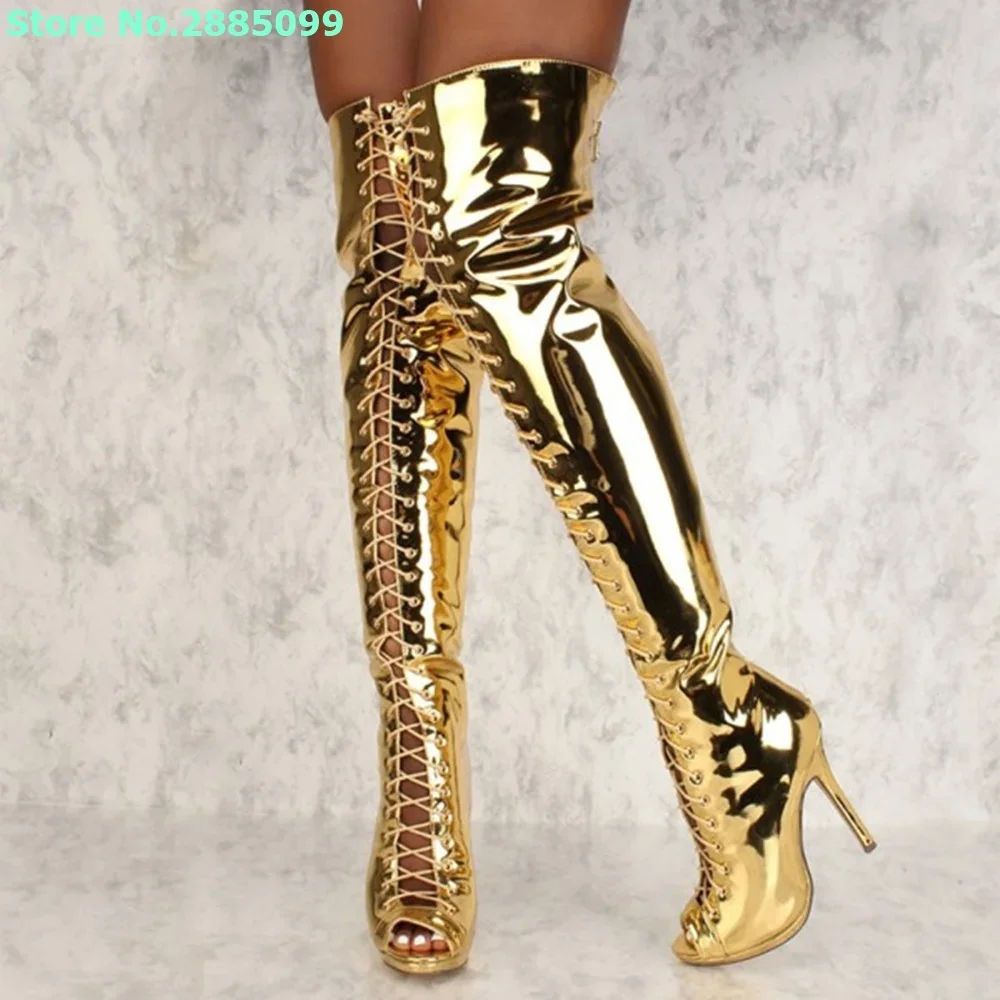 Gold Stiletto Heel Thigh High Boots Lace Up Cross Tied Peep Toe Solid Patent Leather Back Zipper Spring Autume Long Boots Shoes