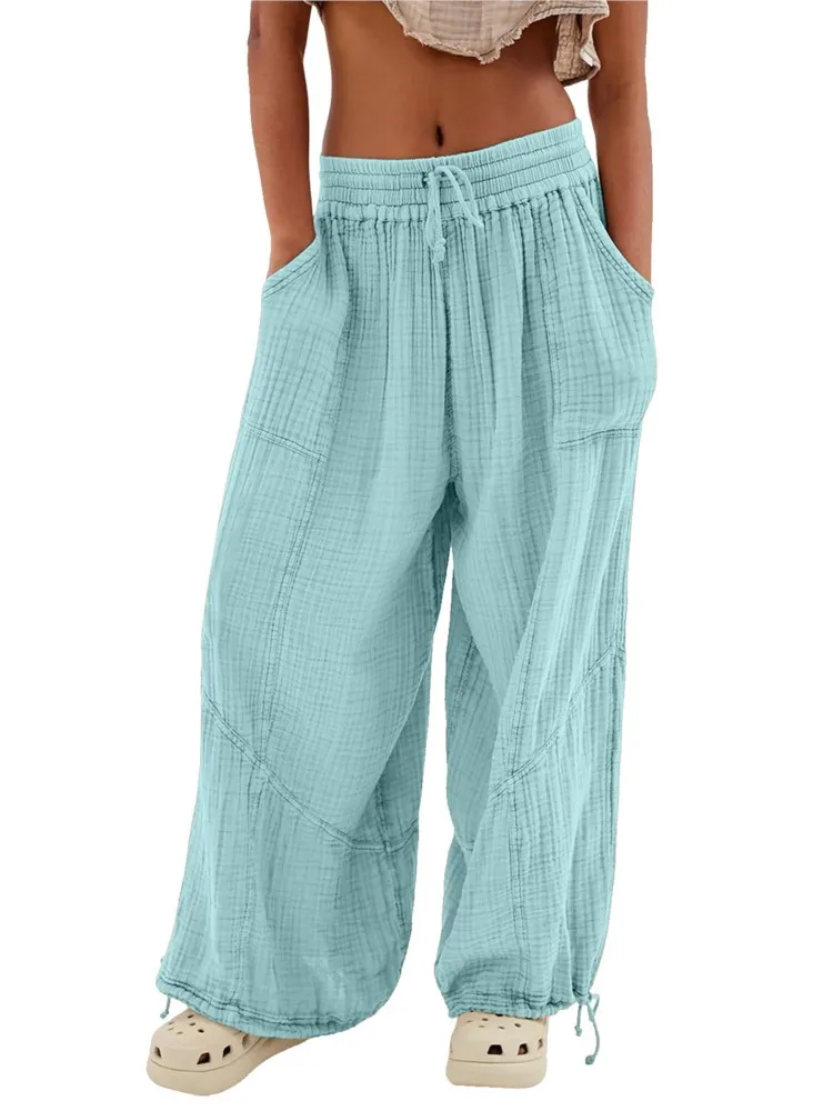 Beach Pants For Women Wide Leg Pants High Waist Drawstring Loose Pant With Pocket 2025 Solid Color Autumn Pantalones De Mujer